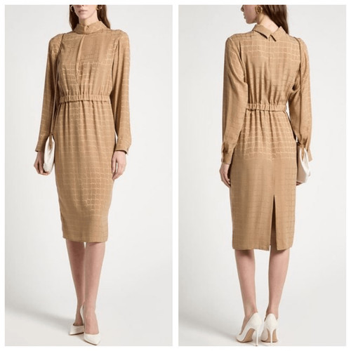 Abito donna Celine in seta manica lunga collo rovesciato midi beige nuovo con etichette taglia 10
