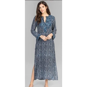 Handbestickter Kaftan Amaya Dillon marineblau 100 % Seide - Bild 1 von 10