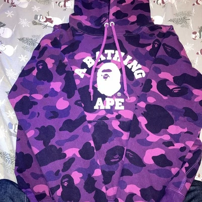 Bape Purple College Logo Camo Pullover Hoodie Size Large - Image 1 of 4