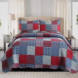 Red Blue Plaid Quilt Set Twin Size Country Patchwork Bedding Lightweight Reve... - Picture 1 of 6