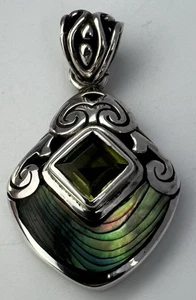 Vintage Genuine Abalone Shell And Peridot .925 Sterling Silver Pendant - Picture 1 of 10