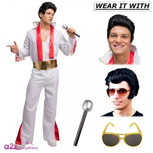 Adult King of Rock & Roll Costume Sets with Wigs/Glasses/Mic for 70s Fancy Dress - Picture 1 of 32