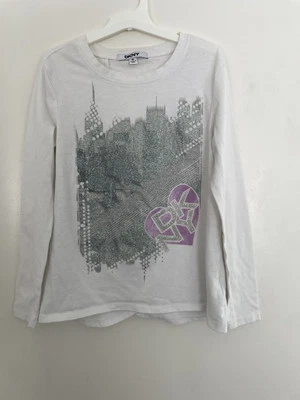 DKNY Kids Girls Glitter Sequin Cotton Blend Curved Hem Long Sleeve Shirt White M - Image 1 of 4
