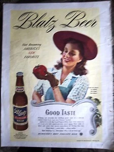 1944 BLATZ Milwaukee BEER Pretty Woman Red Hat Tomato Color Ad - Picture 1 of 1