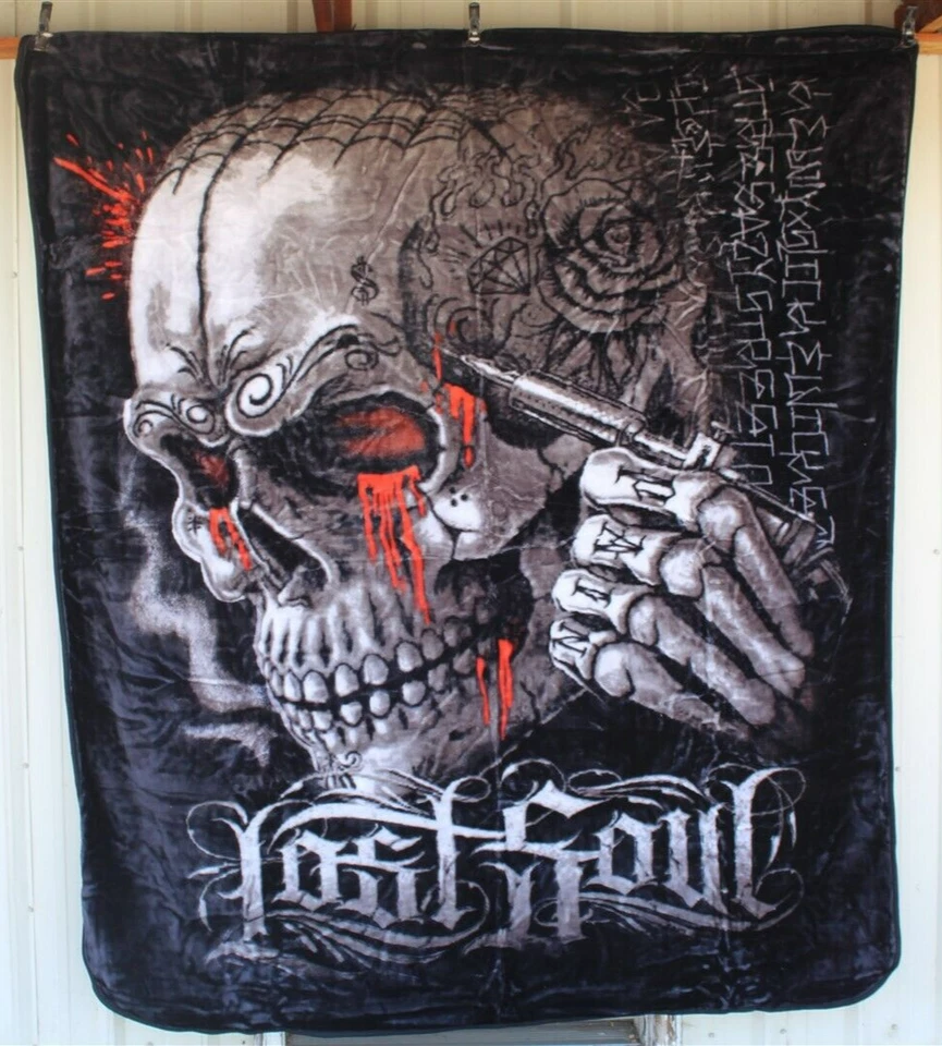 SKULL LOST SOUL TATTOO QUEEN SIZE BLANKET BEDSPREAD - Image 1 of 2