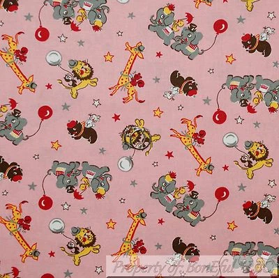 BonEful Fabric FQ Cotton Quilt VTG Pink White Gray Elephant Bear Bunny Rabbit UK - Image 1 of 4