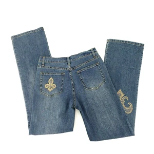 Belle Sport Damengröße 8 blau Fleur de Lis Nieten Bein und Tasche Denim Jeans - Bild 1 von 9
