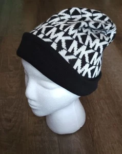 Michael Kors Signature Logo Beanie Hat Black White One Size Cuffed Knit - Picture 1 of 2