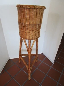 Vintage Wicker Rattan Bamboo Planter on  Stand Eco-friendly 31.5”T 1970's - Picture 1 of 13