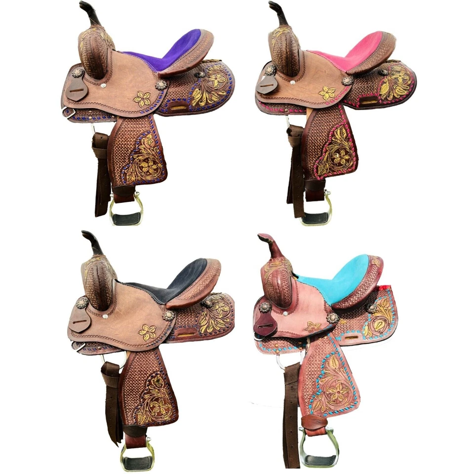 Sillín Western Youth-Kids Adulto Barril Caballo Cuero Floral Tocado a Mano 8" - 18" Foto 1 de 1