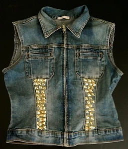 Gold Studded Denim Vest- Custom Studs- Women's Punk Rock Coat- Rock N' Roll Wear - Picture 1 of 5