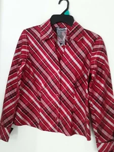 ANN TAYLOR Womens Red Black Plaid 100% Silk French Cuff  Button Down Shirt Sz 8P - Picture 1 of 3