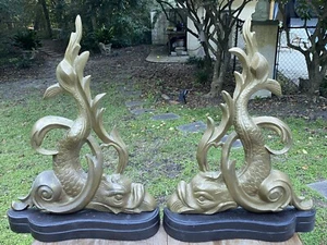 21.5" Vtg Rare Brass Dolphin Andirons Fire Dogs Tall Large Sea Serpent Cast MCM - Picture 1 of 9