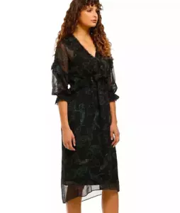 HUSK Black Sheer Silk Floral Frill Midi Dress Size 12 - Picture 1 of 11