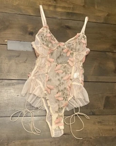 Romwe Floral Lace Butterfly Coquette Sheet Pink Bodysuit Feminine Fairy Whimsy M - Picture 1 of 8