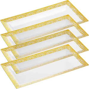 4 PACK Plastic Serving Trays & Platter Set Clear & Gold Rim Disposable Sturdy - Picture 1 of 9