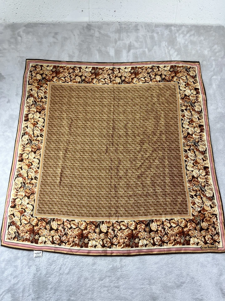 Bufanda vintage Cacharel para mujer marrón floral 100 % seda cuadrada estampado de hojas de Japón años 80 Foto 1 de 4