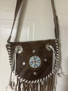 100% Cow Leather/Suede Brown Crossbody Western Purse w/Adjustable Strap, Beading - Picture 1 of 24