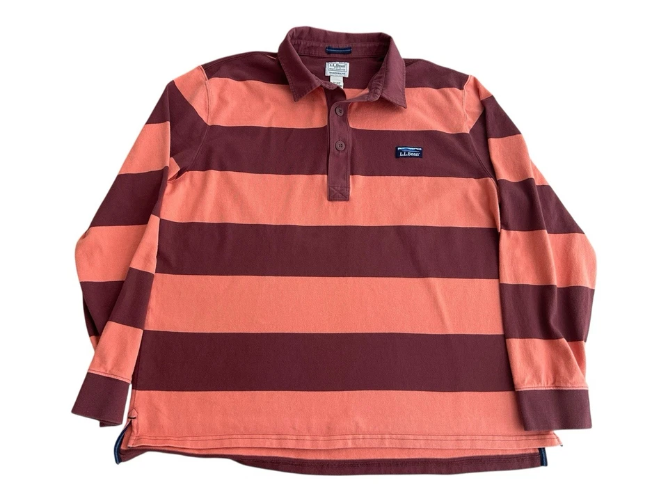 LL Bean XL Long Sleeve Rugby Shirt Brown/Orange Striped Mens Cotton - Image 1 of 4