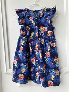Picapino Girls' Dress - Navy Blue - Floral Print - 100% Cotton Size 4T - Picture 1 of 5