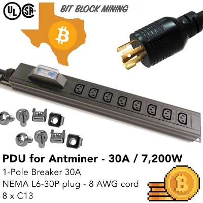 1-Pole Breaker Crypto Mining PDU 240V 30A Nema L6-30P 8 x C13 Cord 6.5F long TX - Image 1 of 4