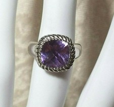 Checkerboard Cut 10mm Square Amethyst Solitaire Braided Sterling Silver Ring 