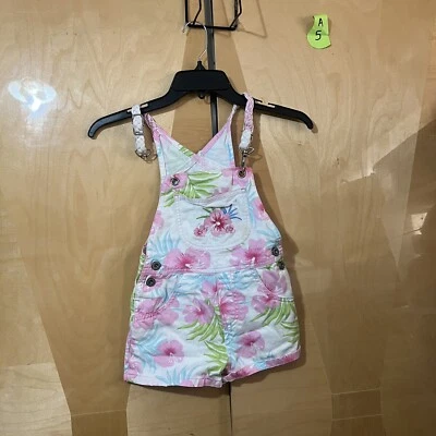 Vintage Faded Glory Girls Overalls 4/5 White Pink Hawaiian Flower Hibiscus Kids - Image 1 of 4