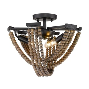 GOLDEN LIGHTING Samba 6 Light Semi-Flush Matte Black with Wooden Beads - Picture 1 of 15
