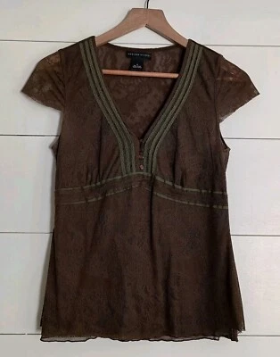 Top Babydoll Mujer Y2K Whimsigoth Boho Fairygrunge Marrón Verde Malla Talla Pequeña Foto 1 de 4