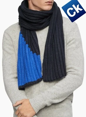 ALVIN KLEIN SCARF MEN'S WOMAN'S COLORBLOCK SLASH RIBBED KNIT  BLACK/BLUE NEW 55$ - Image 1 of 4