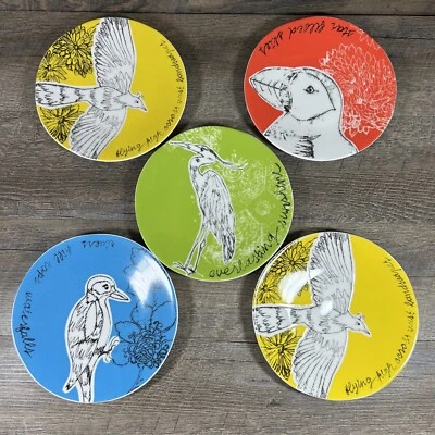 ANTHROPOLOGIE Bird 8" Salad Dessert Plates Yellow Green Red Blue Set of 5 - Image 1 of 4