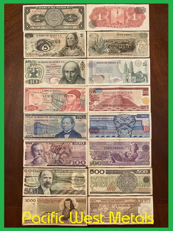 LOT of 8 MEXICO PESO BANKNOTES SERIES 1,5,10,20,50,100,500,1000 BDM MEXICO BILLS - Image 1 of 1