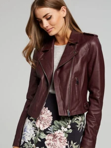 Para mujer Chaqueta de Cuero Borgoña Suave Piel de Cordero Motociclista Abrigo Chaqueta - Imagen 1 de 9