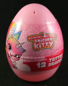 Rainbow Butterfly Unicorn Kitty -12 Temporary Tattoo Bracelets -Pink Plastic Egg - Picture 1 of 4