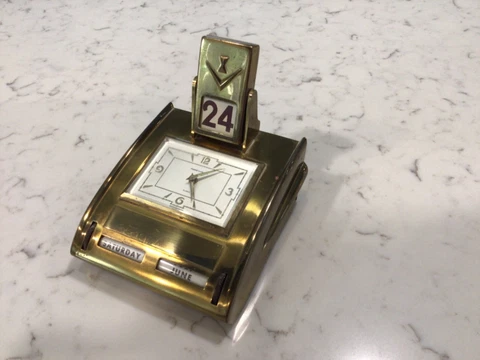 MCM Phinney-Walker Germany Brass Desk Clock w/ Flip Calendar w/ Alarm, Works Cover