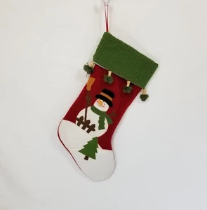 Snowman Christmas Stocking Green Red Jingle Bells Tree Fence Holiday - Picture 1 of 9
