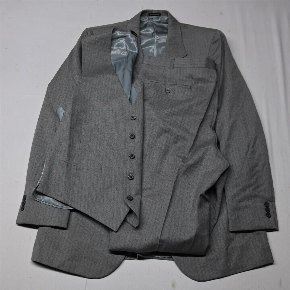 De Colección 44L 34x32 Espiga Rayas Lana Franela 3 Piezas Chaleco Chaqueta Pantalones Traje Foto 1 de 4