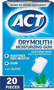 ACT Dry Mouth Moisturizing Gum, 20 Pieces, With Xylitol, Sugar Free Soothing - Picture 1 of 4