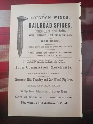 ~1884 Печатная Реклама CORYDON ЛЕБЕДКА ЖЕЛЕЗНАЯ ДОРОГА ШИПЫ Железо Филадельфия PA - Изображение 1 из 4