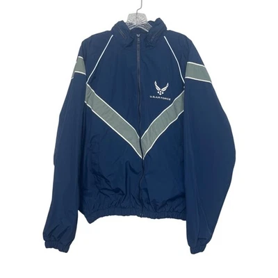 Chaqueta cortavientos de la Fuerza Aérea de los Estados Unidos para hombre mediana azul capucha rayas reflectantes Foto 1 de 4