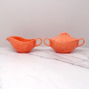 Vintage Joan Luntz Gaiety Melmac / Melamine Cream and Sugar Set, Speckled Coral - Picture 1 of 8