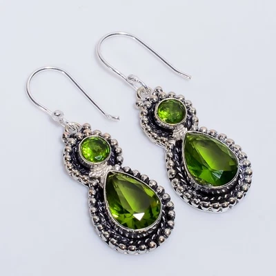 Peridot Gemstone Vintage Style Handmade 925 Sterling Silver Earrings 2" H862 - Image 1 of 4