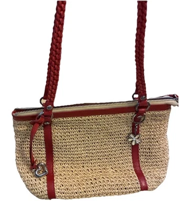 Brighton Straw Raffia Woven Shoulder Bag Purse, Red Leather Trim, Beach Boho - Image 1 of 4