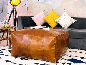 Leather Ottoman Moroccan Pouf Footstool Unstuffed Pouffe Genuine Brown Boho 30" - Picture 1 of 12