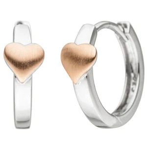 Aros para Niños 13,7mm Pendientes Corazón Corazones 925 Plata Bicolor Dorado - Picture 1 of 1