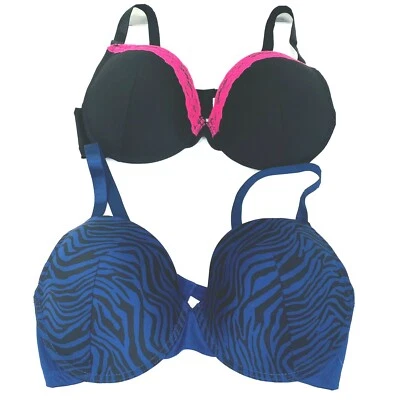 Lot of 2 Purple Animal Print and Solid Black Sz 40DD Lace Adjustable Straps Bra  - Image 1 of 4