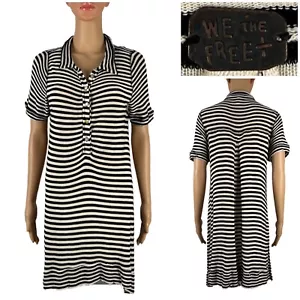 Free People Womens XS Top Striped Henley Tunic Viscose Distressed Black Cream - Picture 1 of 9
