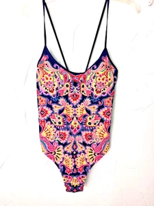 Boden Paisley Print One Piece Swimsuit Size 10 Padded Cups Strappy Pink Blue - Picture 1 of 8
