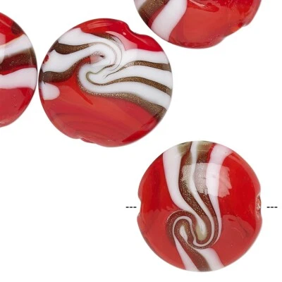 Bead, 10 Lampworked Glass Red & White Copper Swirls 20mm Puffy Coin Beads * - Image 1 of 2