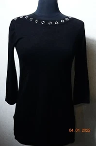 CABLE & GAUGE 3/4 Sleeve Embellished Neckline Black Tunic Size S - Picture 1 of 5